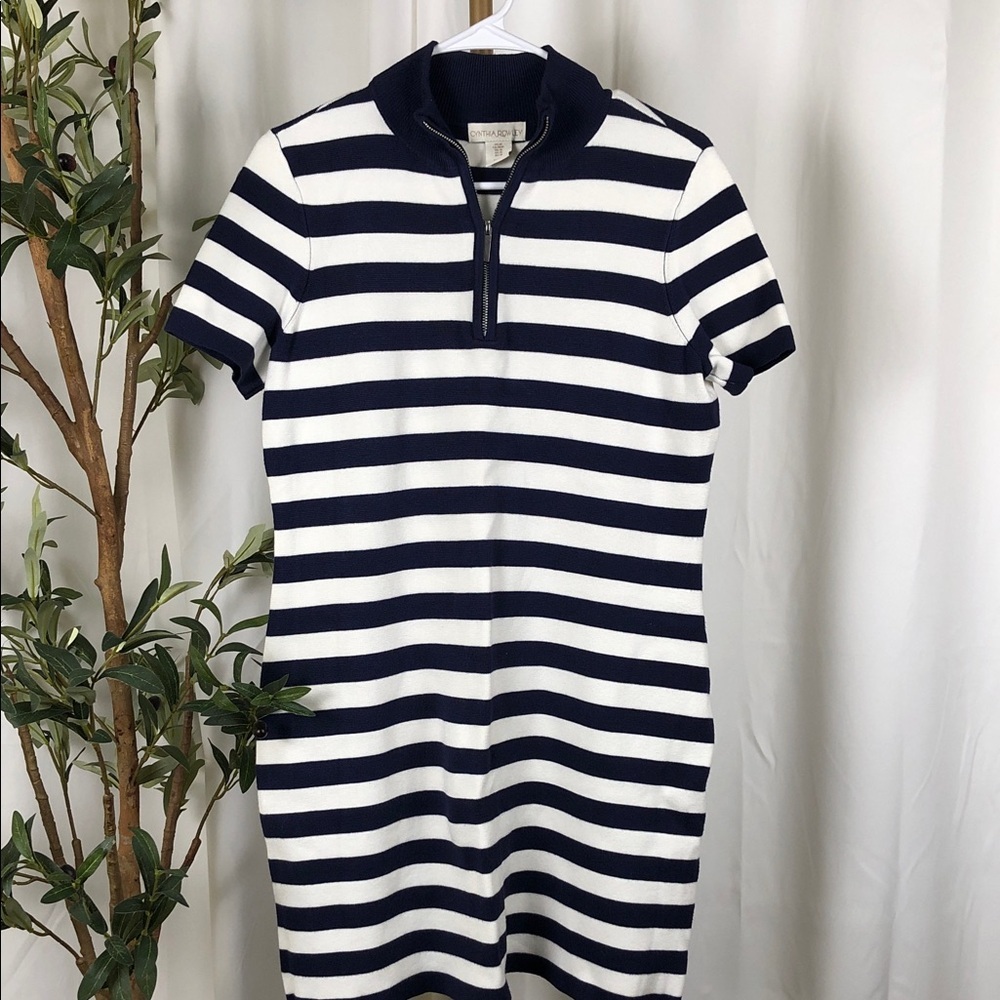 Cynthia Rowley Navy and White Striped Quarter-Zip Knit Sweater Dress Sz M (DJ4)